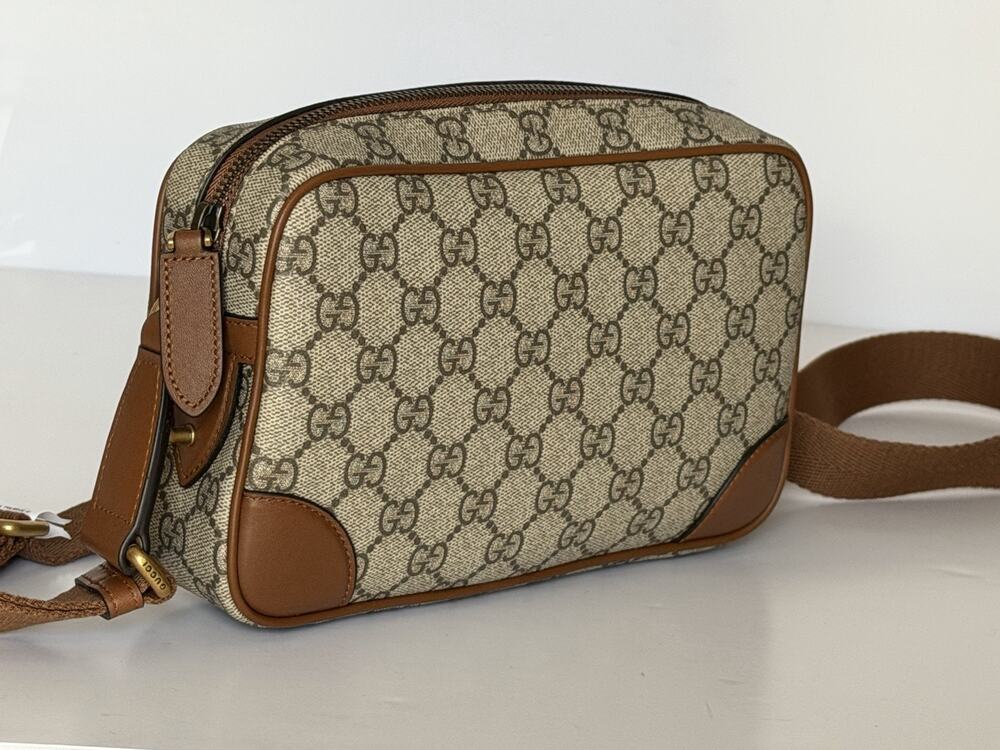 Gucci GG Emblem Small Camera Bag Beige Brown Crossbody 821216 FAED3 NWT